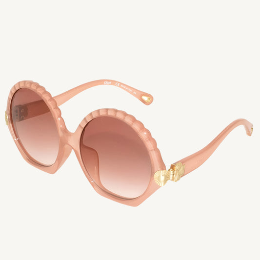 "Chloé CE747SA-290 women's oversized round sunglasses with pink acetate frame and brown gradient lenses"