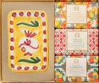  "Casa Amalfi Lemon Maiolica Gift Box containing two body soaps, one body scrub soap, and a hand-painted ceramic soap dish inspired by the Amalfi Coast, presented in an elegant maiolica design."