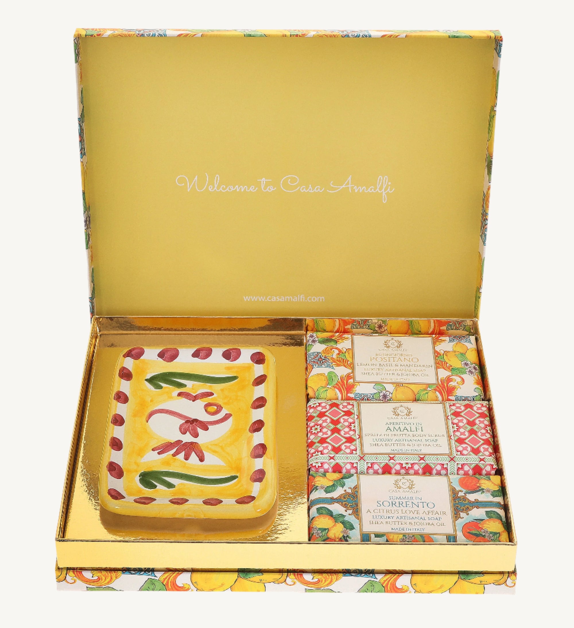  "Casa Amalfi Lemon Maiolica Gift Box containing two body soaps, one body scrub soap, and a hand-painted ceramic soap dish inspired by the Amalfi Coast, presented in an elegant maiolica design."