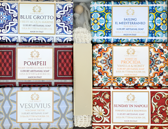 "Casa Amalfi Sailing Il Mediterraneo Gift Set featuring six luxurious 150g vegan soaps including a body scrub and a natural sisal bag, beautifully presented in an exclusive maiolica design inspired by the Amalfi Coast."
