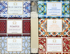 "Casa Amalfi Sailing Il Mediterraneo Gift Set featuring six luxurious 150g vegan soaps including a body scrub and a natural sisal bag, beautifully presented in an exclusive maiolica design inspired by the Amalfi Coast."