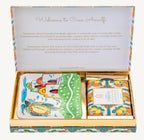 "Casa Amalfi Summer in Sorrento Gift Box featuring a 150g vegan orange, lemon & spices soap and a hand-painted ceramic soap dish from Vietri Sul Mare, inspired by the Amalfi Coast and presented in a glossy maiolica design."