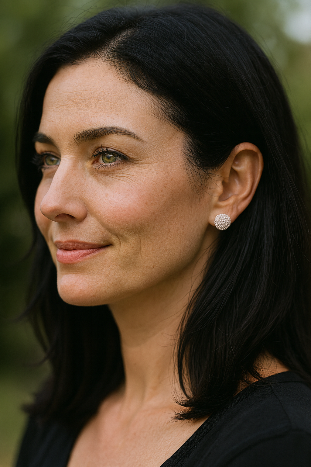 Woman with dark hair and earrings against a blurred natural background