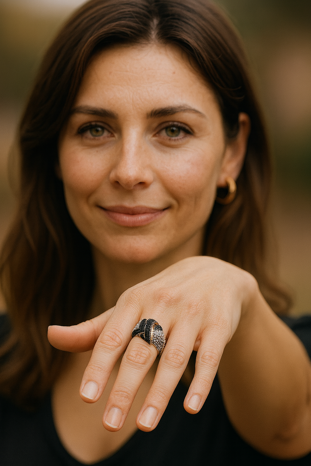 18k Yellow Gold & Sterling Silver Entwined Popcorn Ring with Black Diamonds ..