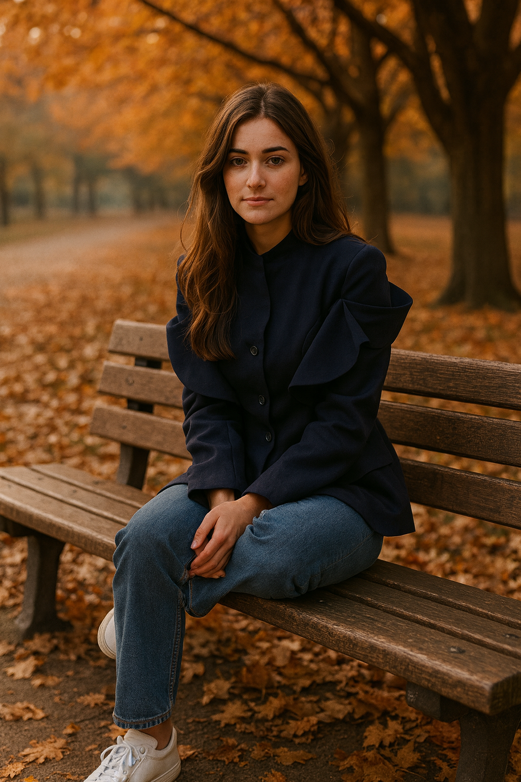 Woman sitting on a bench in an autumn park