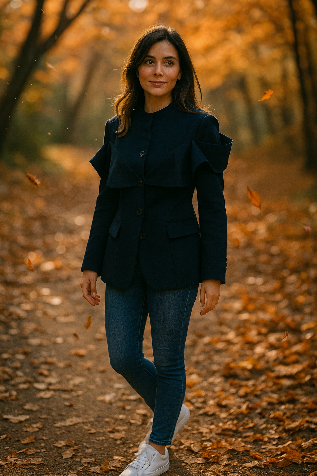 Woman in a black jacket and blue jeans standing in an autumn forest.