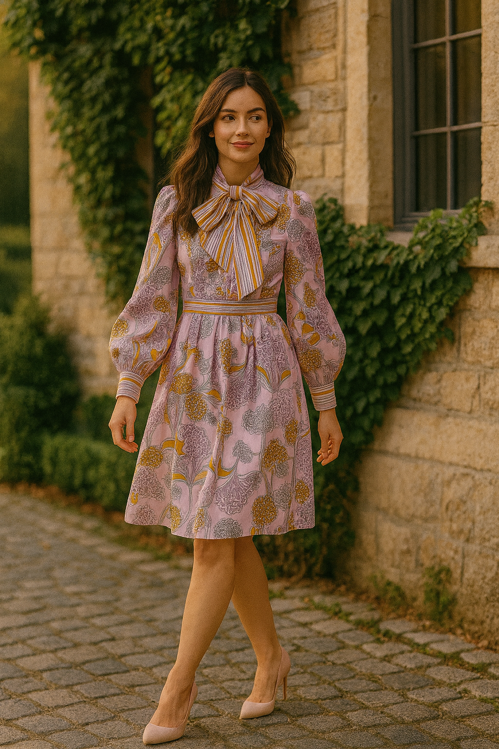 Vintage Print Mini Dress With Bowknot Collar and Colorblock for Women, Chelsea, BYMANYC New York. ..