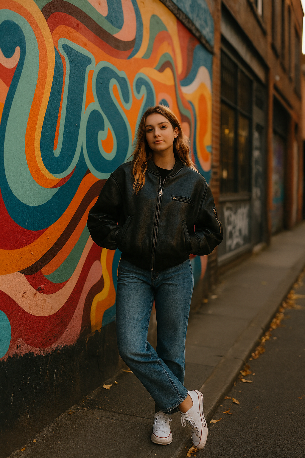Person standing in front of a colorful mural on a wall