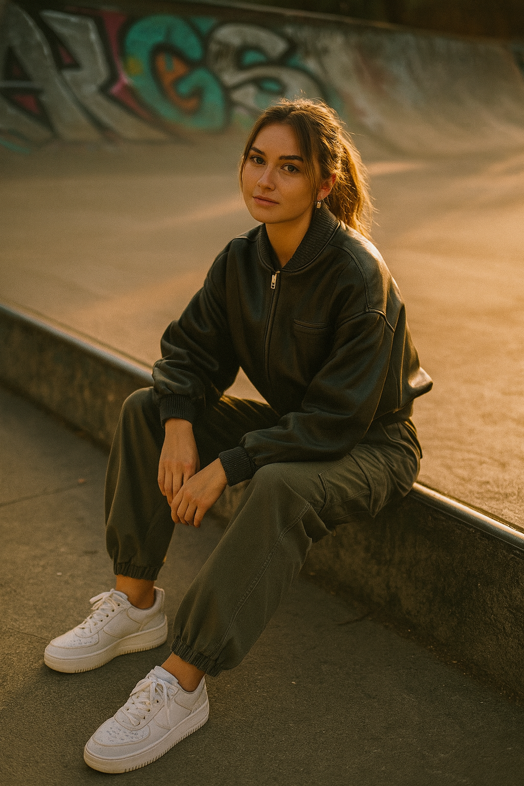 Woman sitting on a concrete ledge at a skate park with graffiti in the background