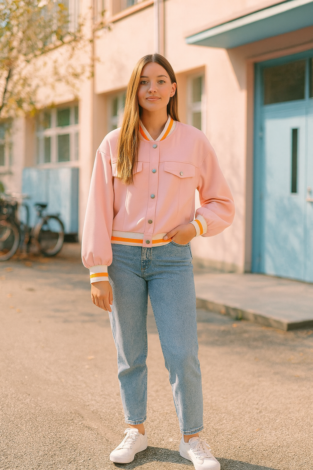 Woman wearing a pink varsity jacket and blue jeans standing outdoors.