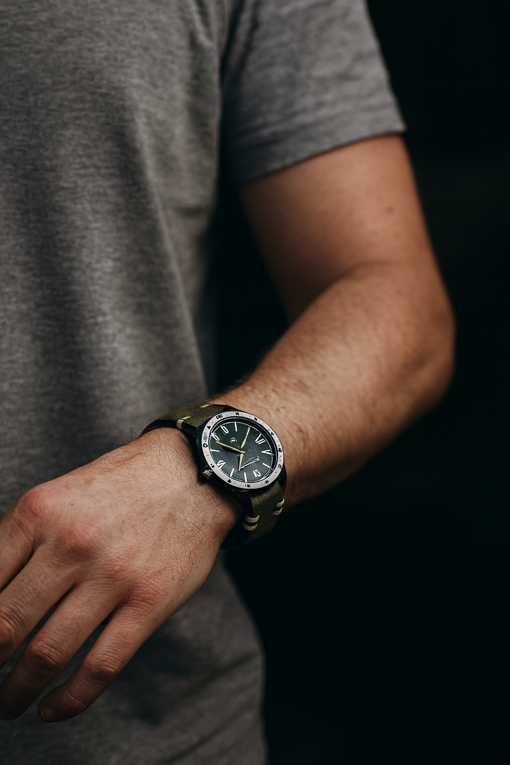 Person wearing a watch on a dark background
