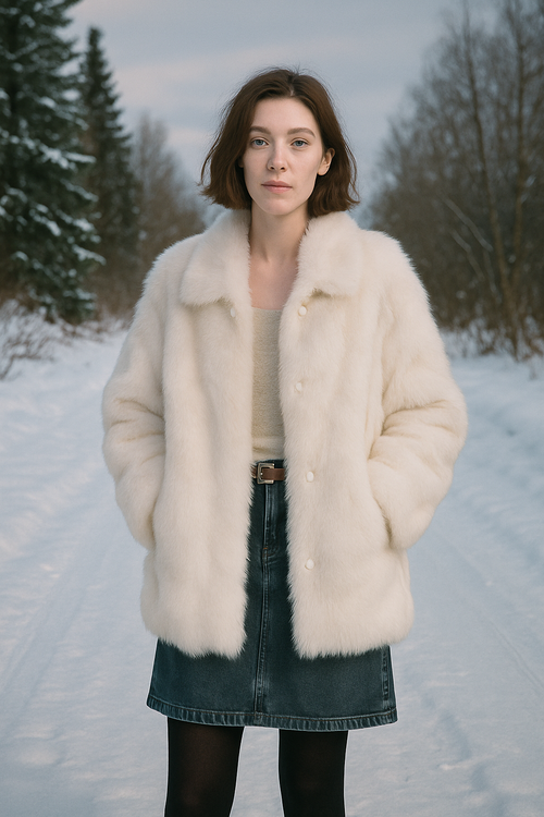 Woman wearing a white fur coat in a snowy landscape