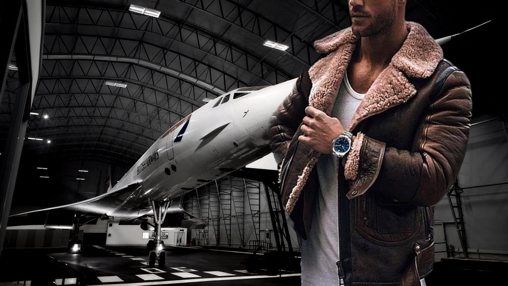 Person wearing a shearling jacket in an airplane hangar