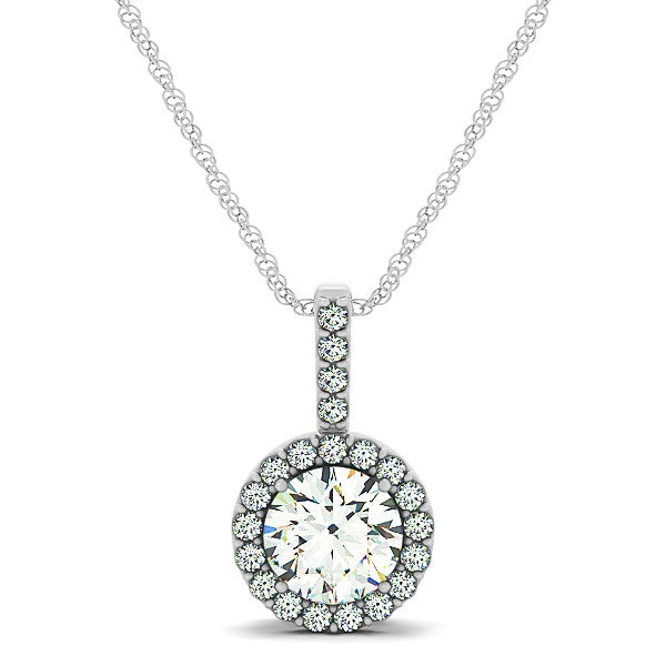 "14k white gold round shape pendant with a 1/2 carat center stone and halo diamonds, featuring 22 diamonds, beautifully designed and enchanting."