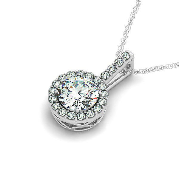 "14k white gold round shape pendant with a 1/2 carat center stone and halo diamonds, featuring 22 diamonds, beautifully designed and enchanting."