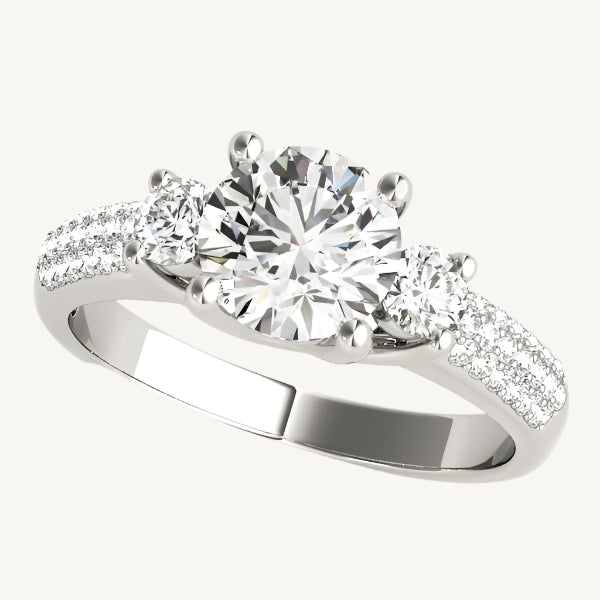 "14k white gold 3-stone pave set diamond engagement ring with 1 7/8 cttw, luxurious and elegant design."