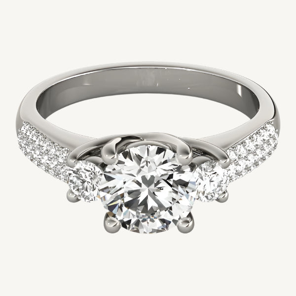 "14k white gold 3-stone pave set diamond engagement ring with 1 7/8 cttw, luxurious and elegant design."