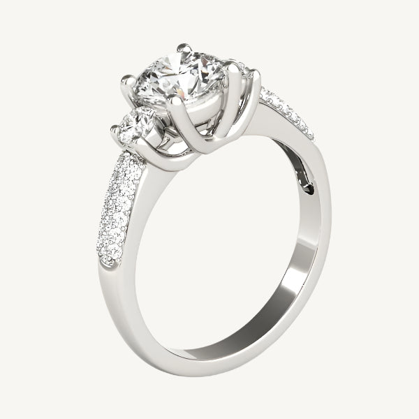 "14k white gold 3-stone pave set diamond engagement ring with 1 7/8 cttw, luxurious and elegant design."