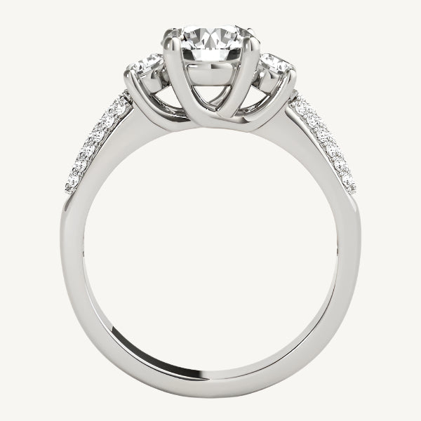 "14k white gold 3-stone pave set diamond engagement ring with 1 7/8 cttw, luxurious and elegant design."