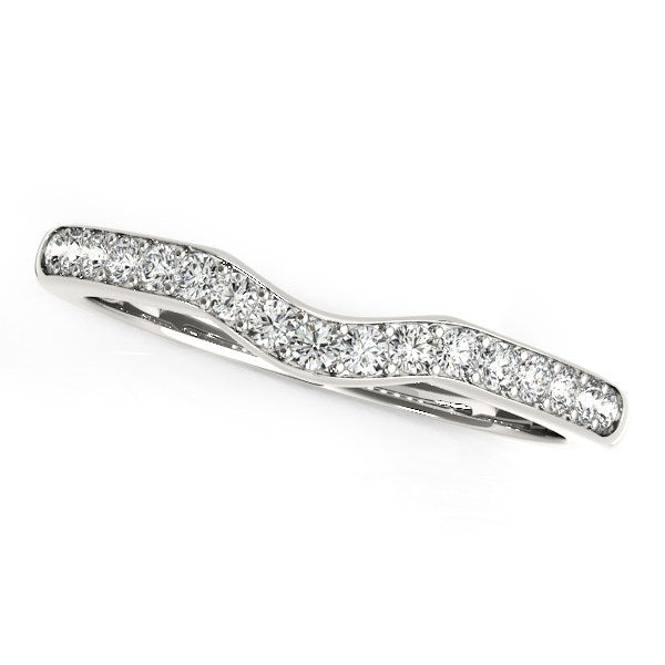 "14k white gold curved style wedding ring with 1/4 cttw diamonds, elegant and timeless design."