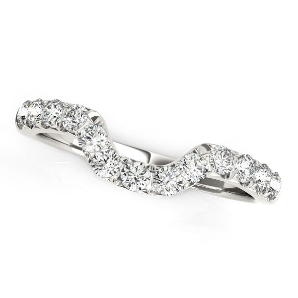 14K White Gold Curved Design Pave Diamond Wedding Ring – A delicate and elegant wedding band featuring a curved design with sparkling pave-set diamonds (1/6 cttw) in 14K white gold, perfect for stacking or wearing alone.