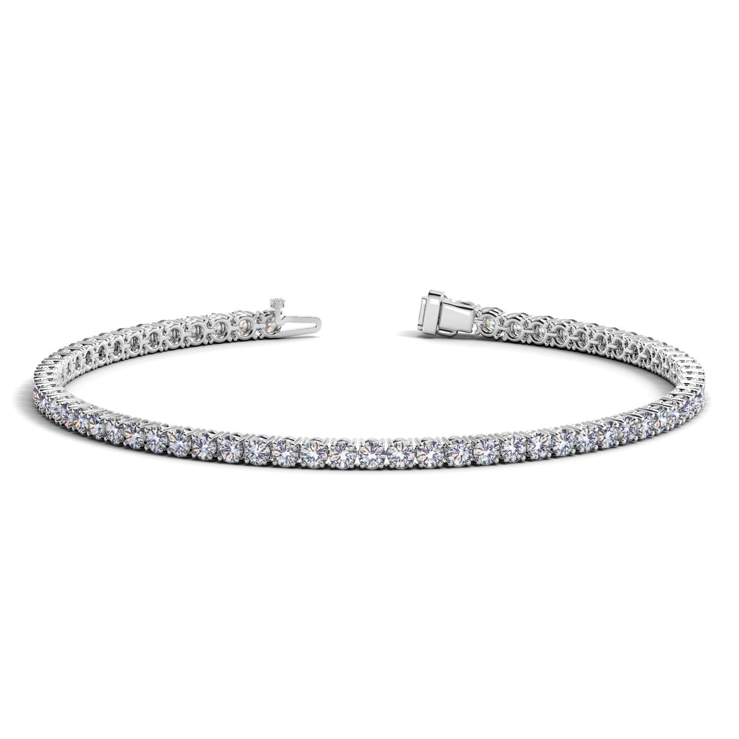 Lab Grown Round Diamond Tennis Bracelet in 14K White Gold – A luxurious tennis bracelet featuring lab-grown round diamonds, set in 14K white gold, with a total carat weight of 3 cttw (F/G color, VS2/SI1 clarity), perfect for adding elegance to any occasion.