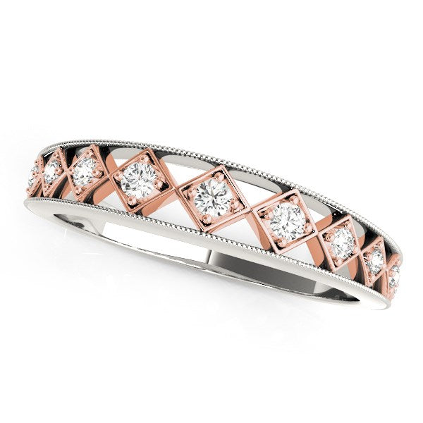 14K White Gold and Rose Gold Unique Diamond Wedding Band – A beautifully crafted 1/10 cttw diamond ring featuring a stunning mix of white and rose gold in an elegant, unique design.