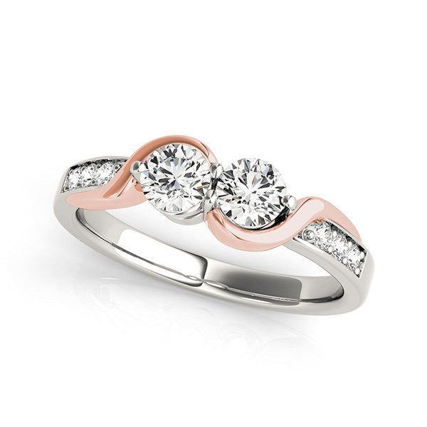 14K White and Rose Gold Round Two-Diamond Curved Band Ring – A sophisticated curved band ring crafted in 14K white and rose gold, featuring two brilliant round diamonds totaling 5/8 cttw, symbolizing unity and elegance.