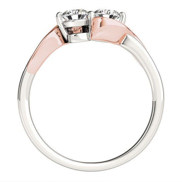 14K White and Rose Gold Round Two-Diamond Curved Band Ring – A sophisticated curved band ring crafted in 14K white and rose gold, featuring two brilliant round diamonds totaling 5/8 cttw, symbolizing unity and elegance.