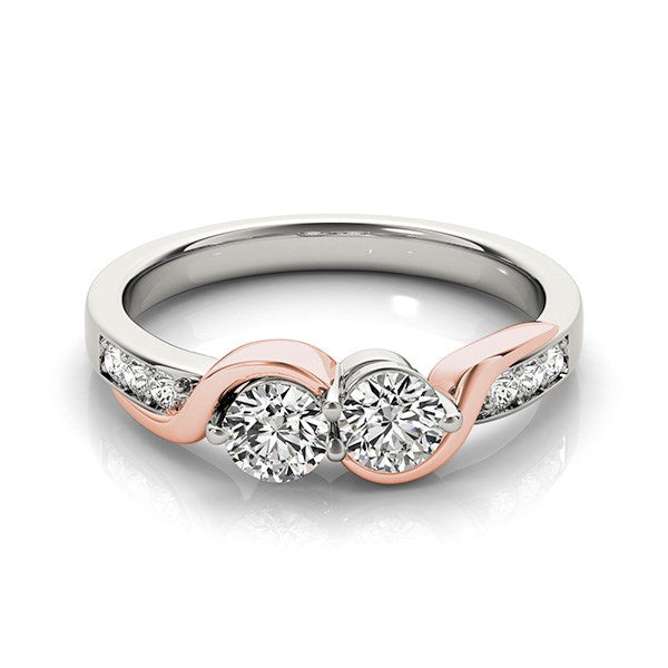 14K White and Rose Gold Round Two-Diamond Curved Band Ring – A sophisticated curved band ring crafted in 14K white and rose gold, featuring two brilliant round diamonds totaling 5/8 cttw, symbolizing unity and elegance.
