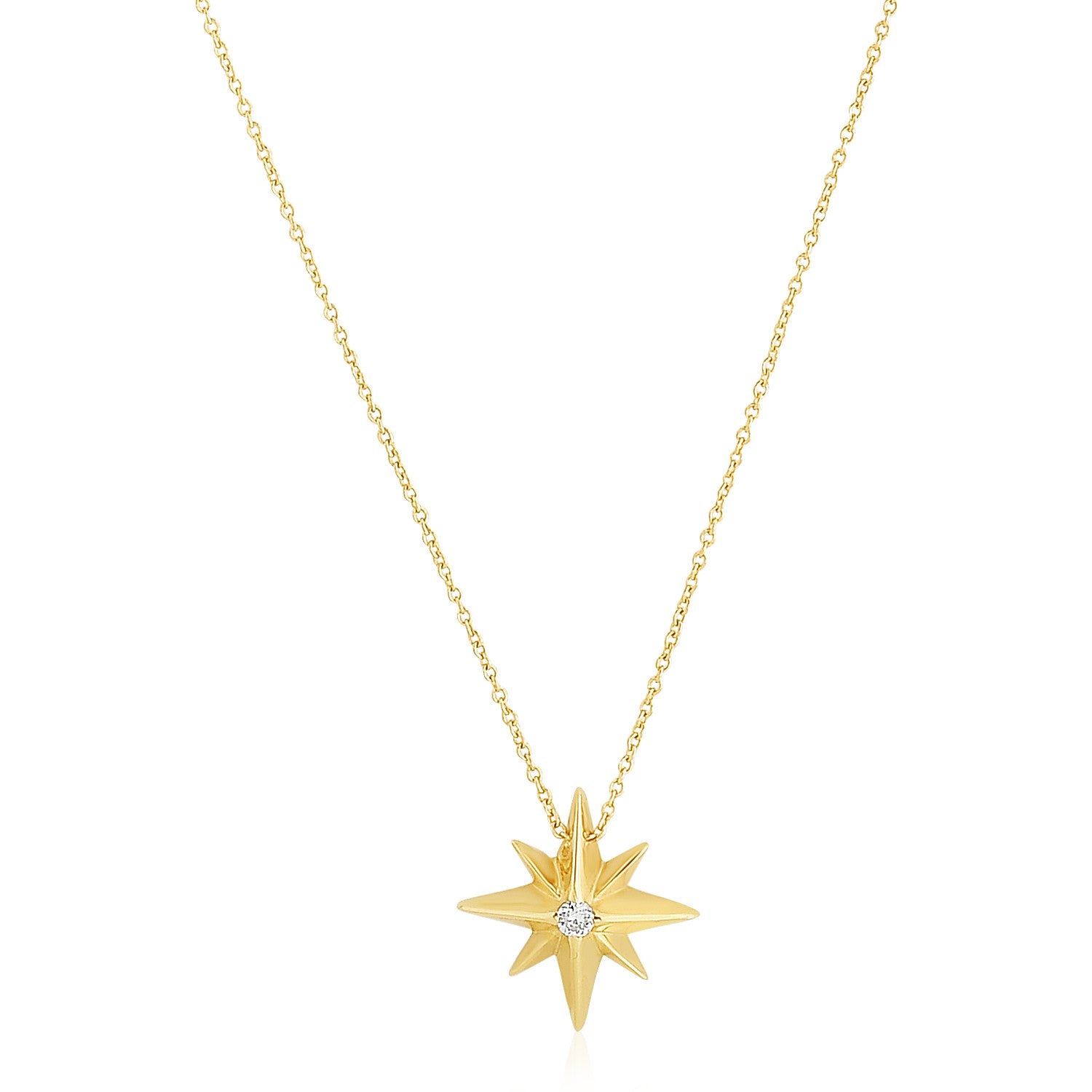 A 14k yellow gold high polish North Star necklace with a bright diamond at the center, displayed on a lightweight cable chain with a lobster clasp closure.