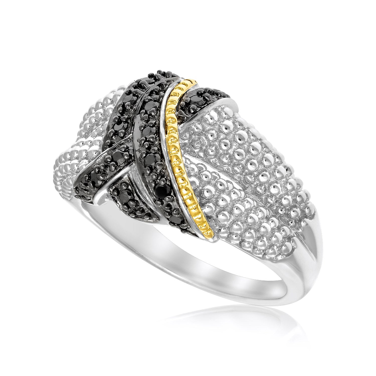 An 18k yellow gold and sterling silver ring with black diamonds, featuring a popcorn style design.