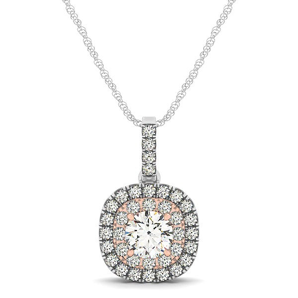 14K White and Rose Gold Cushion Shape Halo Diamond Pendant – A stunning 1/2 cttw diamond pendant featuring a cushion-shaped halo design, crafted in a mix of 14K white and rose gold for a timeless, elegant look.