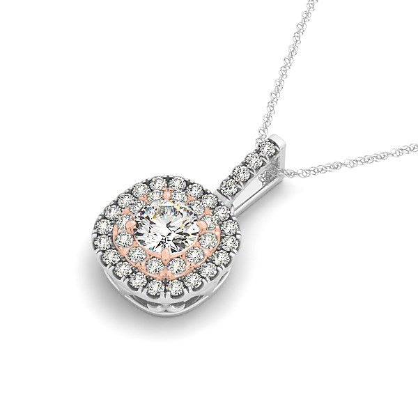 14K White and Rose Gold Cushion Shape Halo Diamond Pendant – A stunning 1/2 cttw diamond pendant featuring a cushion-shaped halo design, crafted in a mix of 14K white and rose gold for a timeless, elegant look.