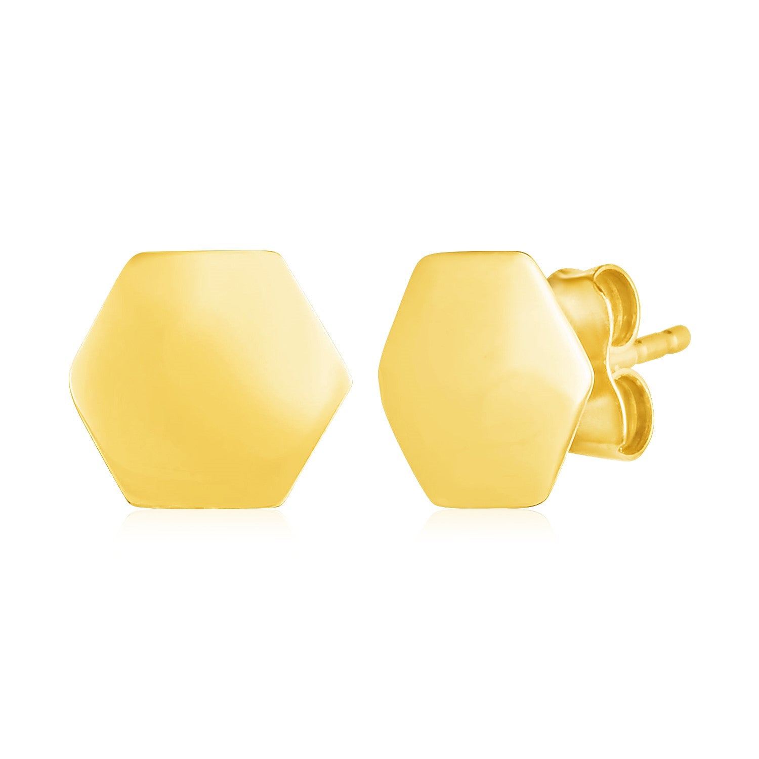"Elegant 14k yellow gold hexagon stud earrings with pushback clasps, classic shine and minimalist geometric design."