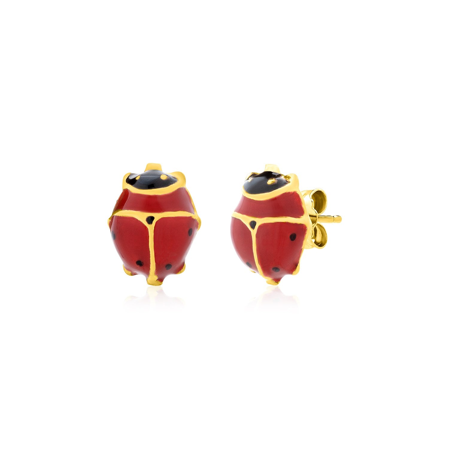 "Charming 14k yellow gold ladybug post earrings with red enamel detail and pushback clasps – playful and elegant."