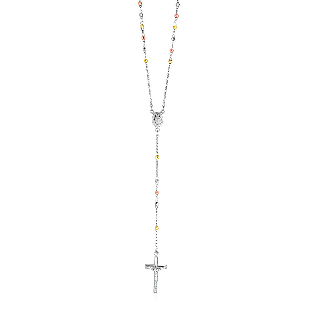 Elegant 26-inch rosary-style necklace with white, gold, and rose-tinted sterling silver beads and details.