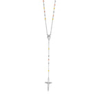 Elegant 26-inch rosary-style necklace with white, gold, and rose-tinted sterling silver beads and details.