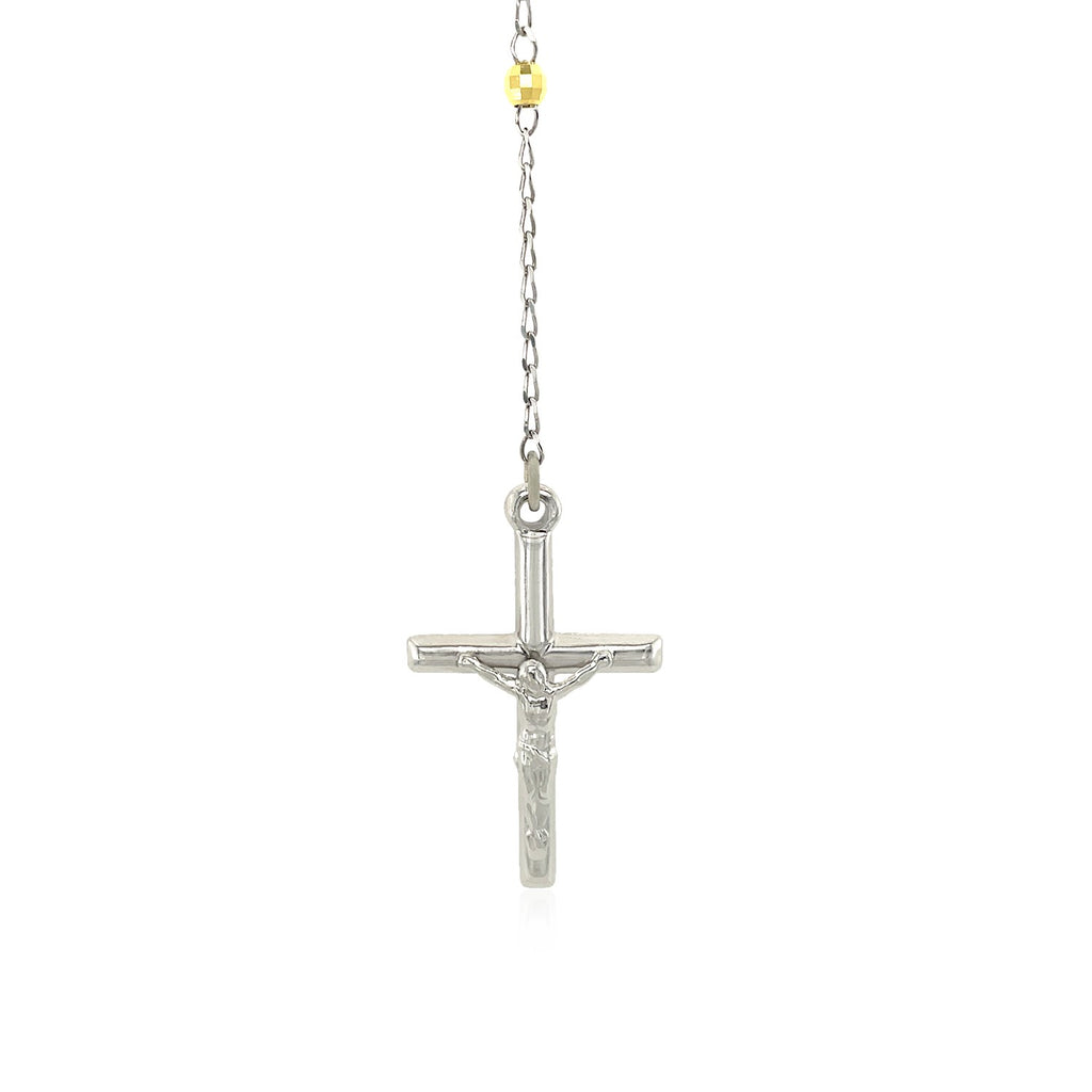 Elegant 26-inch rosary-style necklace with white, gold, and rose-tinted sterling silver beads and details.