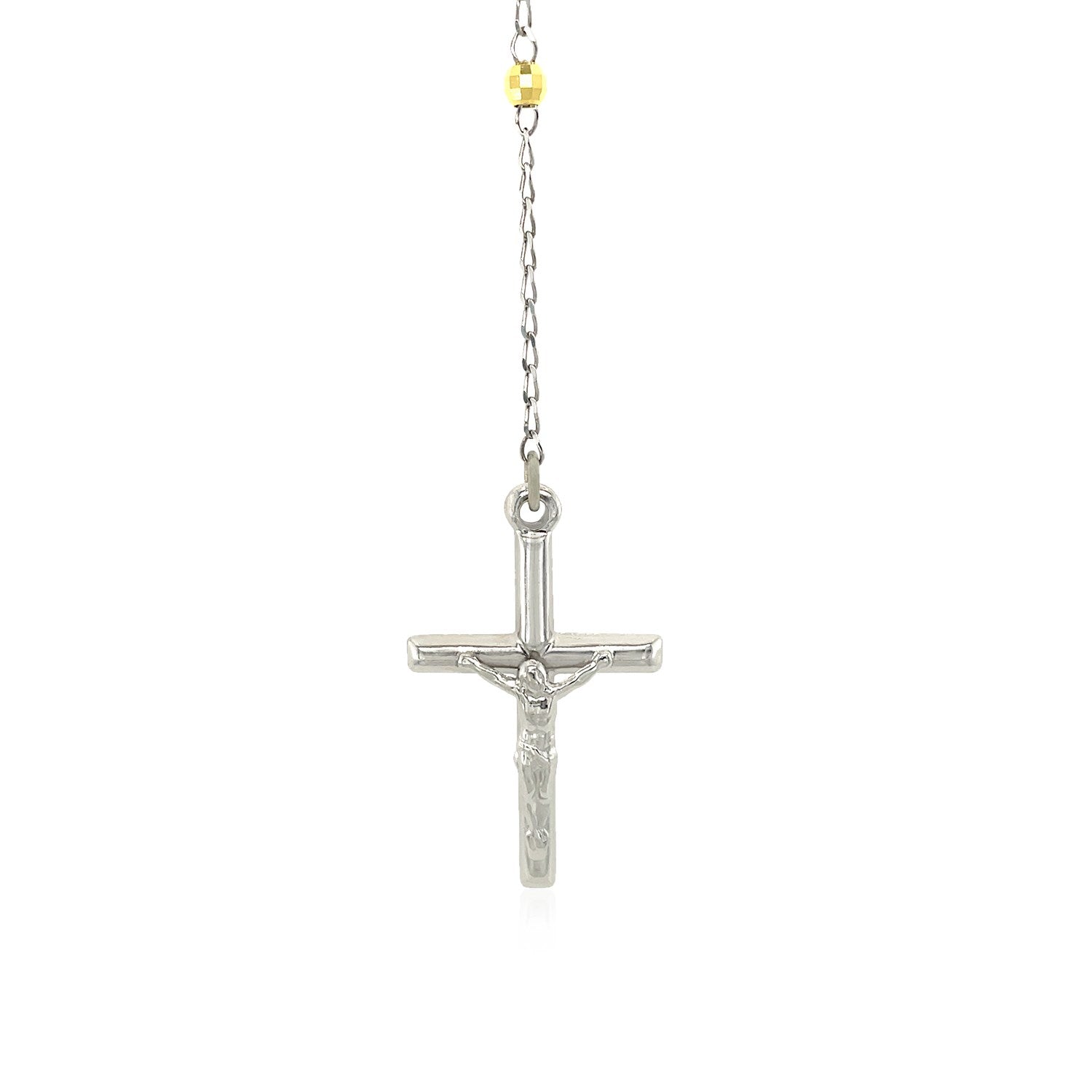 Elegant 26-inch rosary-style necklace with white, gold, and rose-tinted sterling silver beads and details.