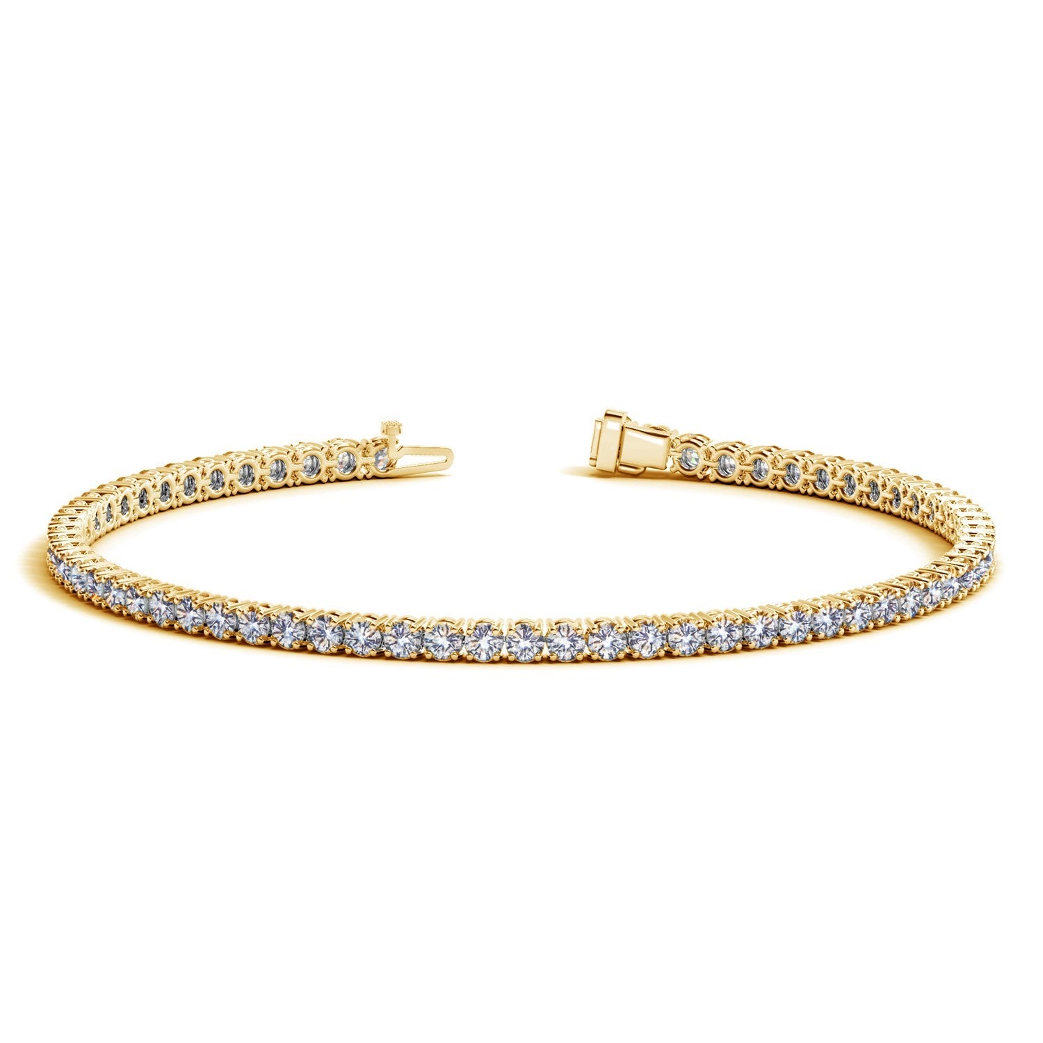 Lab Grown Round Diamond Tennis Bracelet in 14K Yellow Gold (3 cttw F/G VS2/SI1) – A luxurious and elegant tennis bracelet featuring round lab-grown diamonds set in 14K yellow gold, with a total carat weight of 3 cttw, offering exceptional brilliance and clarity (F/G VS2/SI1).