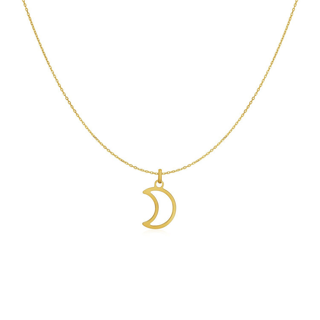 Delicate 14k yellow gold moon necklace with a spring ring clasp and 18-inch chain, inspired by the beauty of the night.