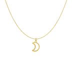 Delicate 14k yellow gold moon necklace with a spring ring clasp and 18-inch chain, inspired by the beauty of the night.