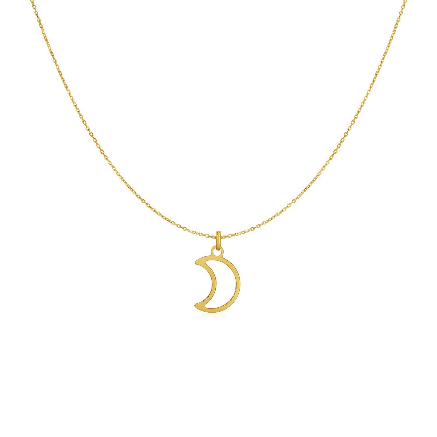 Delicate 14k yellow gold moon necklace with a spring ring clasp and 18-inch chain, inspired by the beauty of the night.