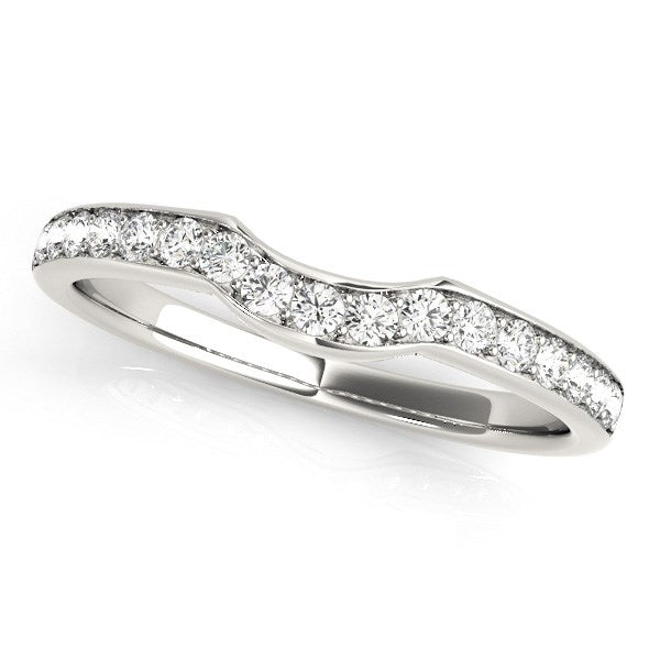 14K White Gold Curved Style Diamond Wedding Ring (1/4 cttw) – A sophisticated and timeless diamond wedding ring featuring a delicate curved design in 14K white gold, with sparkling diamonds set along the band for a subtle yet stunning look.
