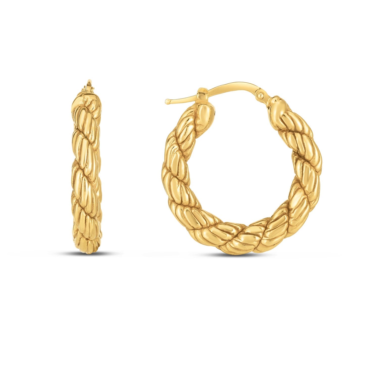Elegant 14k yellow gold rope hoop earrings with high polish finish and snap closure, shown on a clean background.