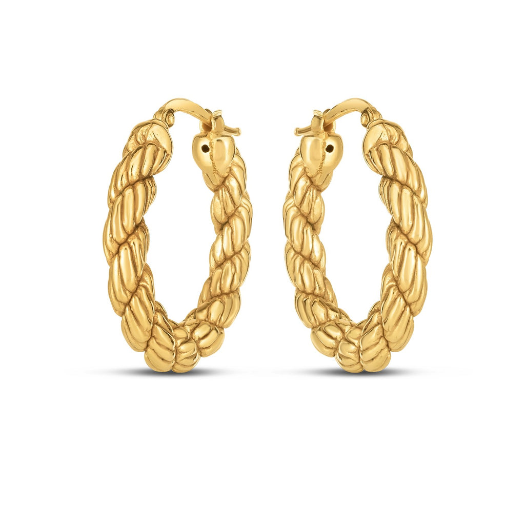 Elegant 14k yellow gold rope hoop earrings with high polish finish and snap closure, shown on a clean background.