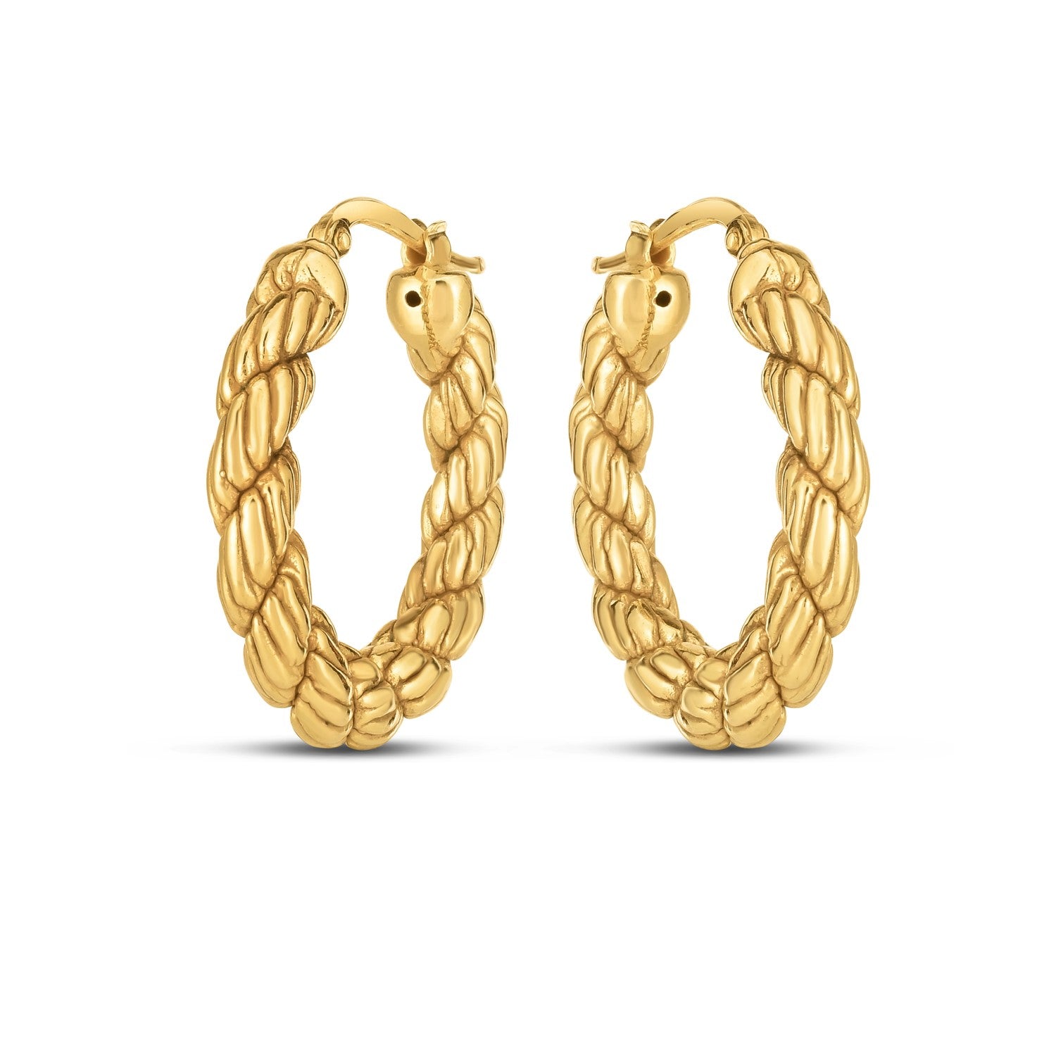 Elegant 14k yellow gold rope hoop earrings with high polish finish and snap closure, shown on a clean background.