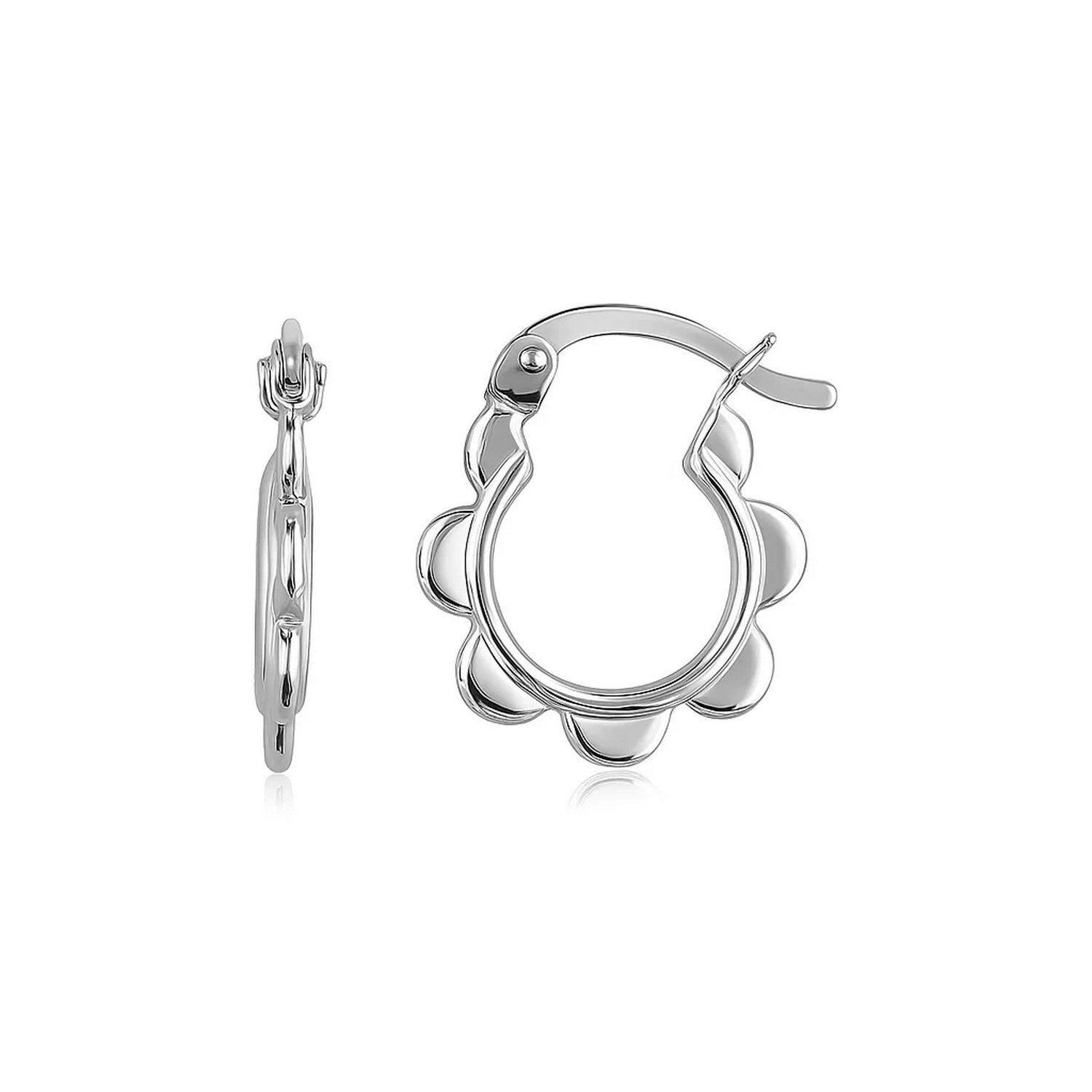 "14k white gold hoop earrings with shiny petal design and hinged clasps"