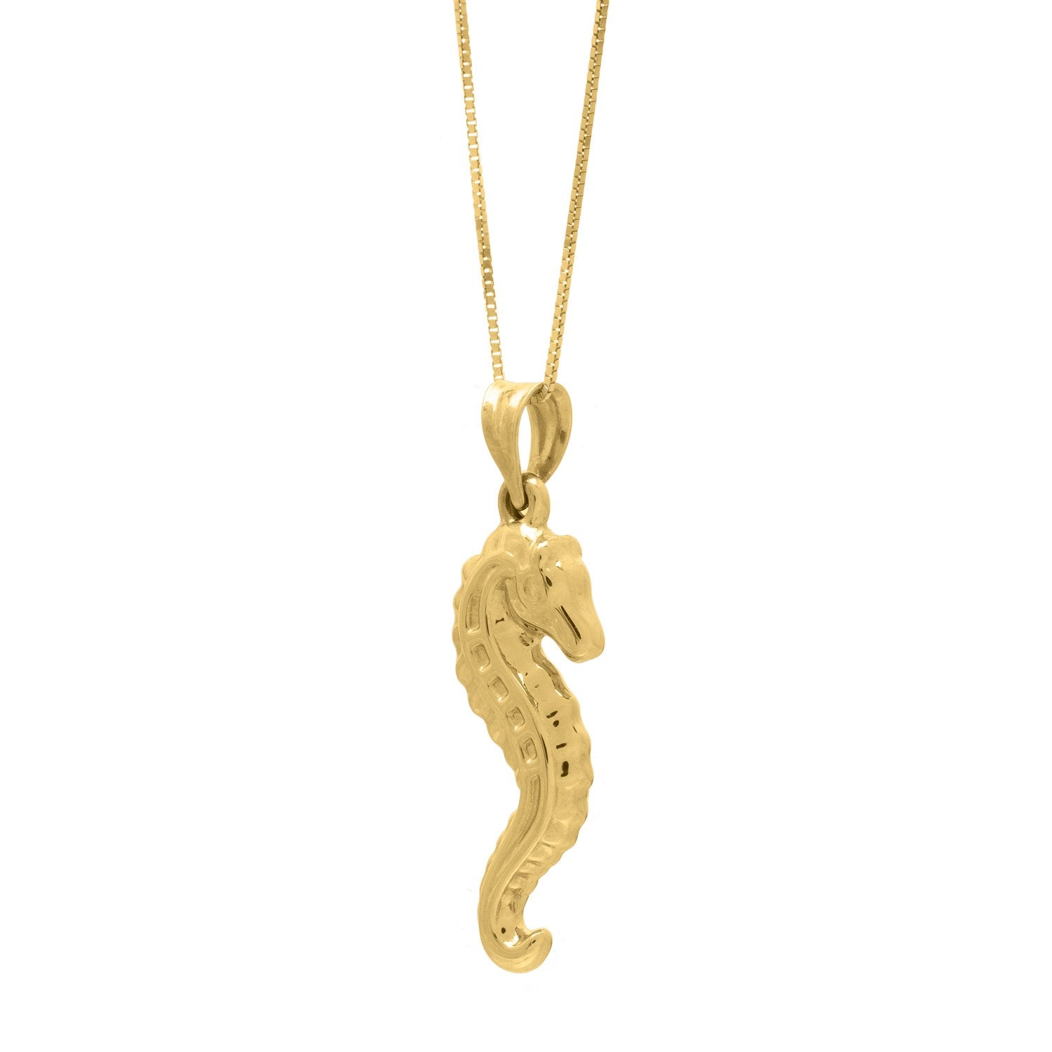 "10k yellow gold necklace with polished seahorse pendant on 18-inch chain and spring ring clasp"